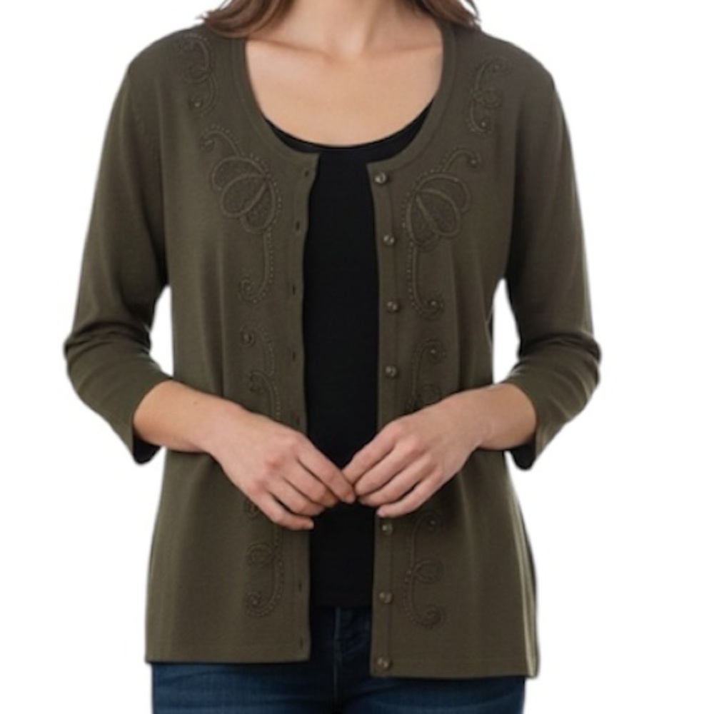 😍2/$20 NEW La Madonna Sz XL Olive Green Beaded Ribbon V-Neck Cardigan Sweater